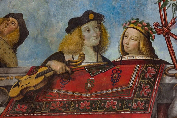 Gentleman holding a musical instrument and a gentlewoman, detail, vault of Hall of the Treasure (fresco) (detail of 3707463)