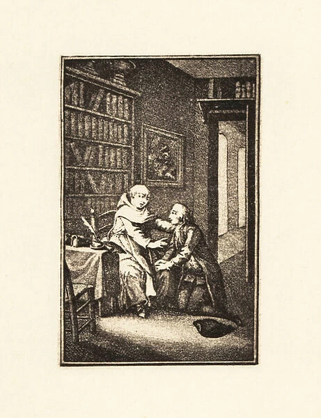 A gentleman kneels before a monk in a library, 18th century. 1911 (engraving)
