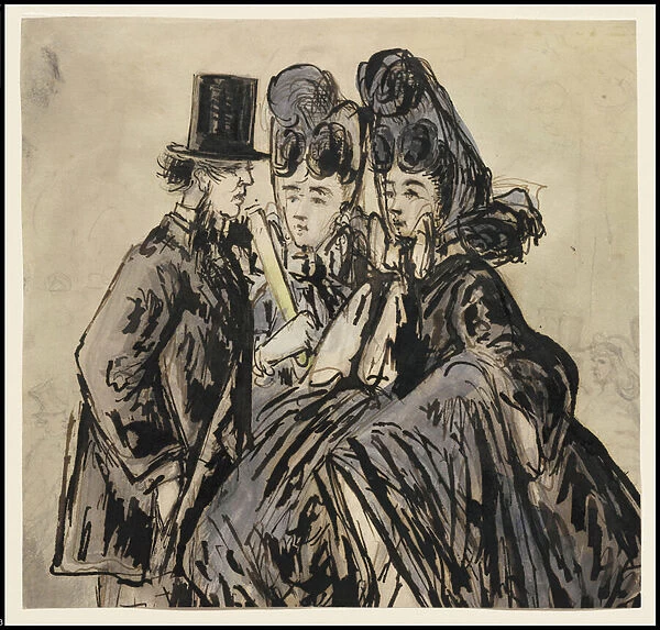 A Gentleman and Two Ladies, 1860s (pen & brown & black ink with w  /  c over pencil on paper)