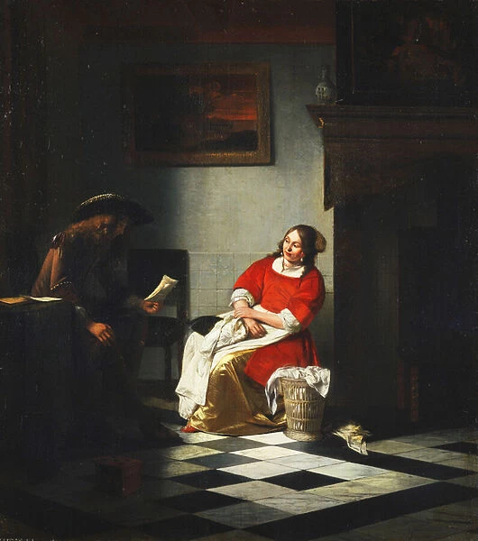 A Gentleman Reading a Letter to his Wife (?), (oil on canvas)
