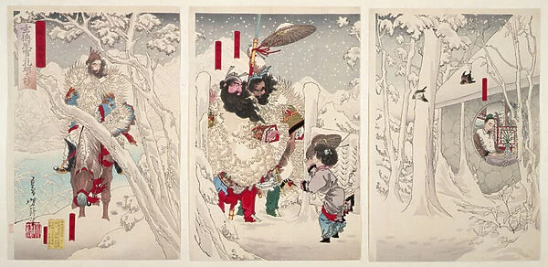 Gentoku visits Komei in the snow, from 'Illustrations for the Romance of the Three Kingdoms', 1883 (woodblock print)