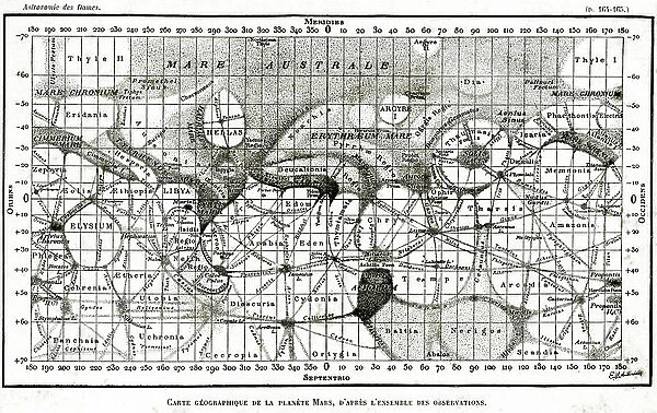 Geographic map of the planet Mars from the work L'astronomy des dames by Camille Flammarion 1903