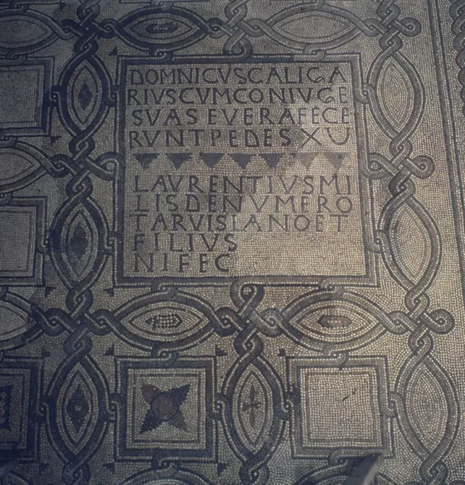 Framed Print : Geometric patterns and inscriptions, mosaic floor, Basilica of St Euphemia, Grado, Italy, 6th century