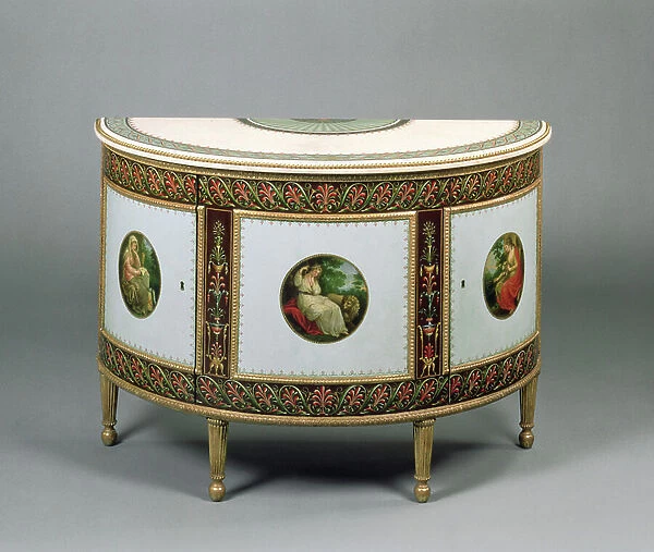 George III ormolu-mounted and gilt semi-circular commode with three medallions painted with female figures based on engravings of paintings by Angelica Kauffman, attributed to George Brookshaw (1751-1823) c. 1790 (ormolu)