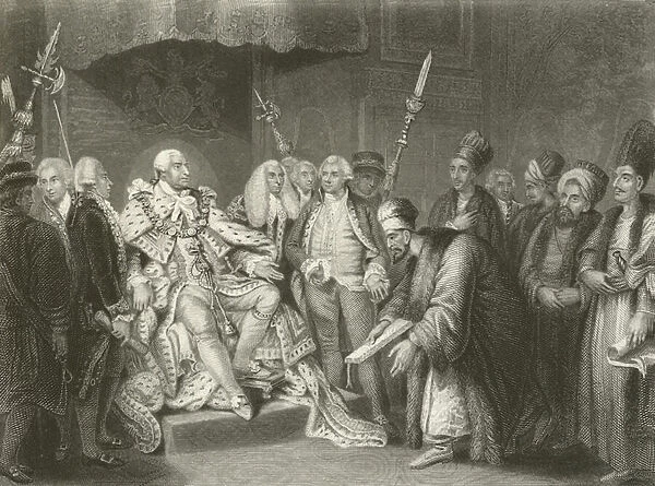 George III receiving the Turkish ambassador and suite (engraving)
