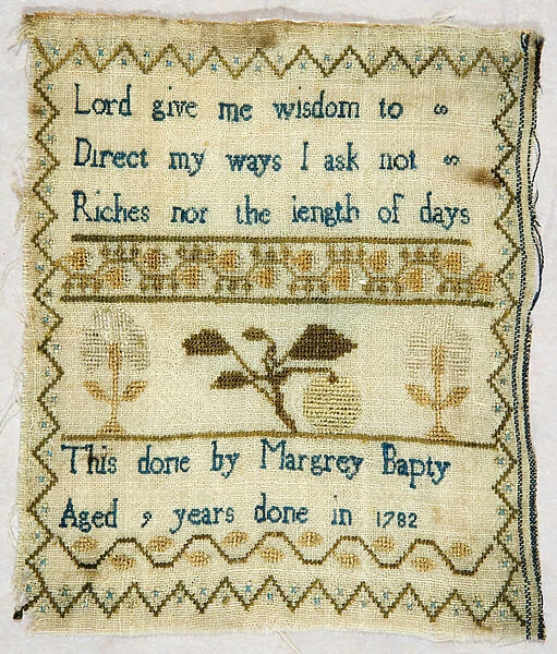 Georgian sampler by Margrey Bapty, 1782 (textile and wool)