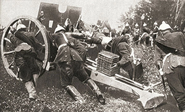 German artillery using man power to get their guns into position during WWI, from The Pageant of the Century, pub.1934
