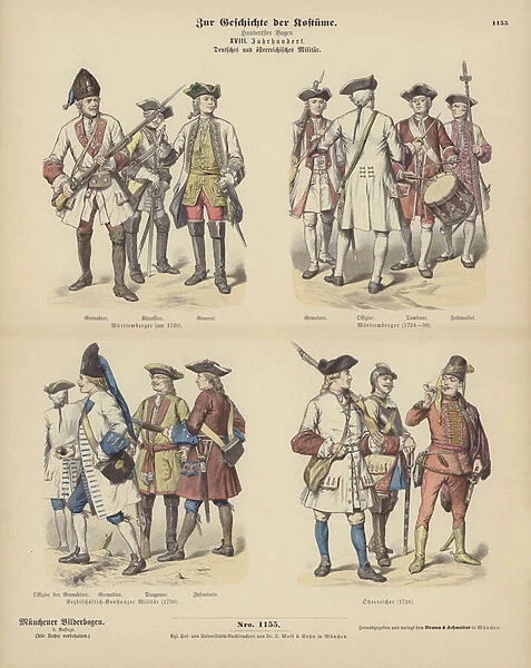 German and Austrian military uniforms, 18th Century (coloured engraving)