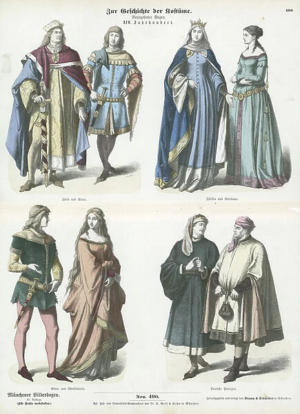 German costumes, 14th Century (coloured engraving)