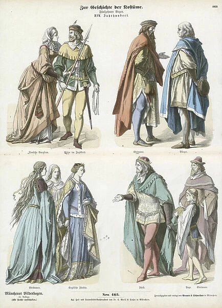 German and English costumes, 14th Century (coloured engraving)