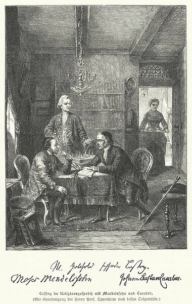German philosopher and dramatist discussing religion with Moses Mendelssohn and Johann Kaspar Lavater (engraving)