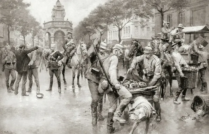 Framed Print : German troops commandeering much needed bread in the Place du Marche, Liege, Belgium (litho) Framed Print : German troops commandeering much needed bread in the Place du Marche, Liege, Belgium (litho)