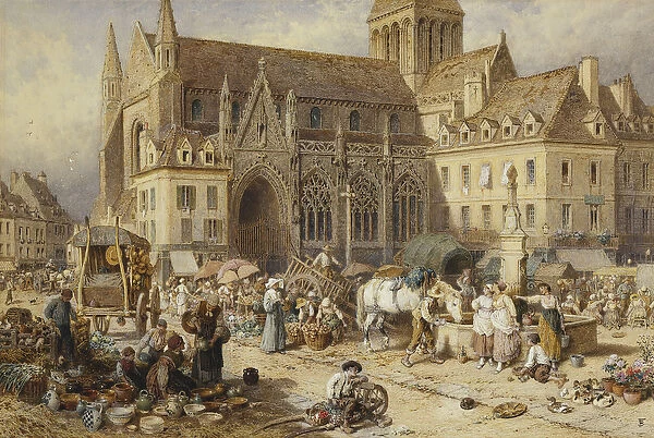 At Gervaise, Falaise: Market Day, (pencil and watercolour)