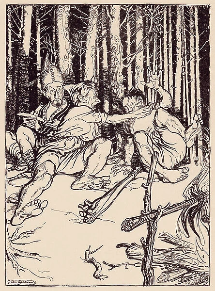 The giant gave the one who was sitting next to him a box on the ear. Illustration by Arthur Rackham from Grimm's Fairy Tale, The Skillful Huntsman