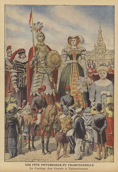 Giants procession in Valenciennes, France (colour litho)