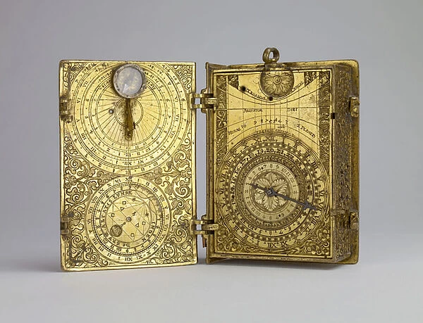 Gilt-brass cased clock-watch with alarm, sundials and lunar volvelle in the form of a