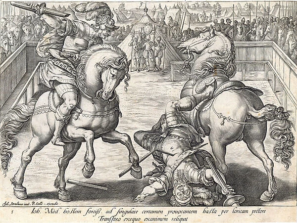 Giovanni de Medici kills an Opponent in a Duel, plate 5 from The History of the Medici, engraved by Philip Galle (1537-1612), c. 1583 (engraving)