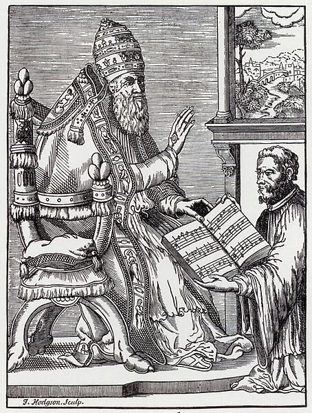 Giovanni Pierluigi da Palestrina presenting his Masses to Pope Julius III, 16th Century (engraving)