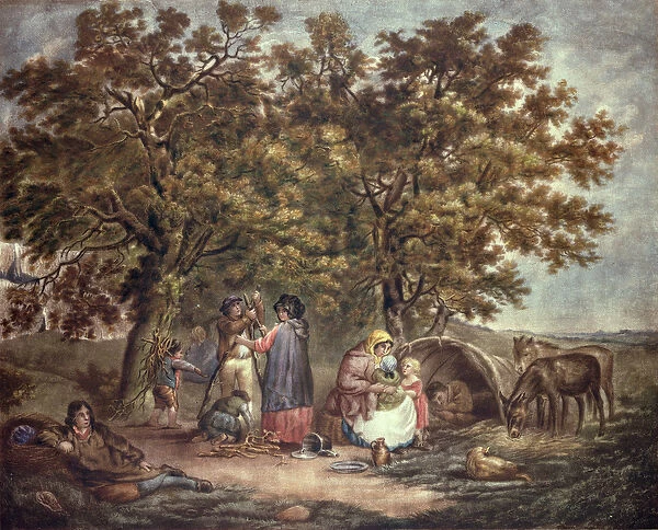 The Gipsies Tent, engraved by Joseph Grozar (coloured engraving)
