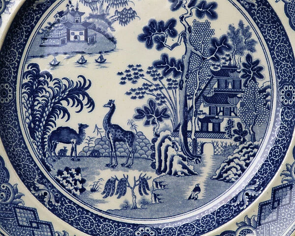 Giraffe and Camel pattern blue and white transfer-print plate, detail, English, c.1815 (earthenware)