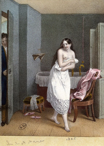 Girl in a Bathroom and Man opening the Door, 1825 (colour litho)
