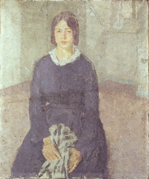 Girl in a blue dress holding a piece of sewing (oil on canvas)