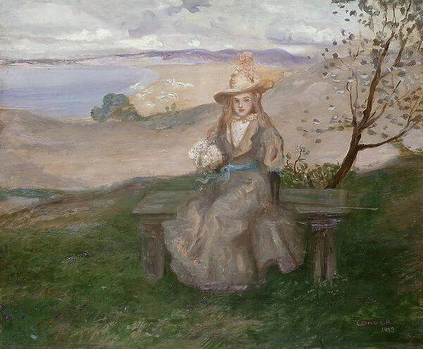 Girl with a bouquet above Swanage Bay, 1899 (oil on canvas)