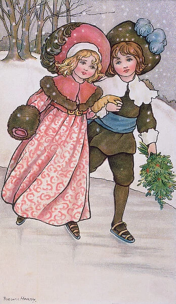 Girl and Boy Skating, late 19th or early 20th century (colour litho)
