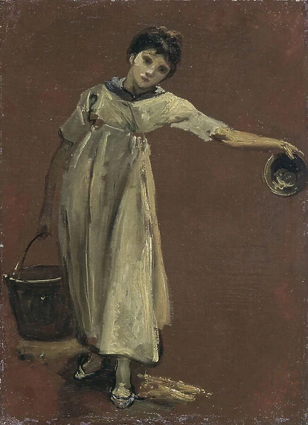 Girl carrying a pail (oil on canvas)