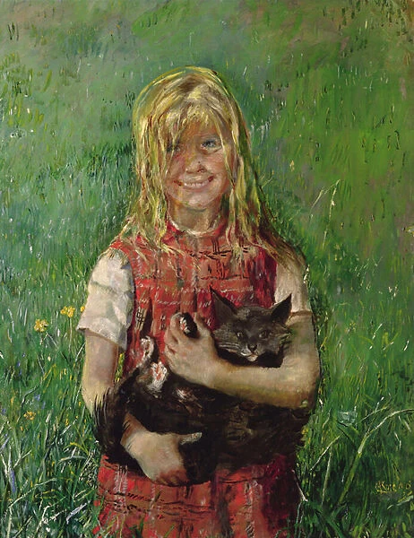 Girl with a cat (oil on canvas)