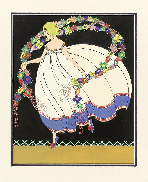 Girl Dancing with a Double Garland, pub. 1920 (pochoir print)