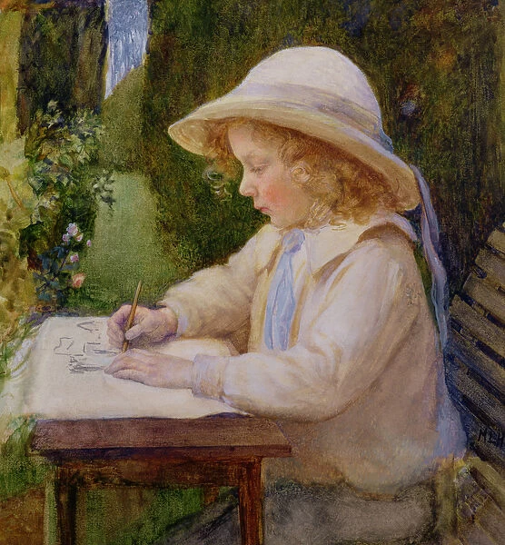 Girl drawing on a garden table (study)