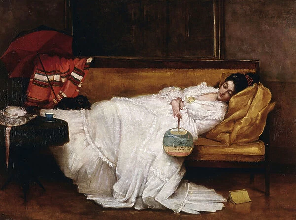 A Girl with a Japanese Fan Asleep on a Sofa, (oil on canvas)