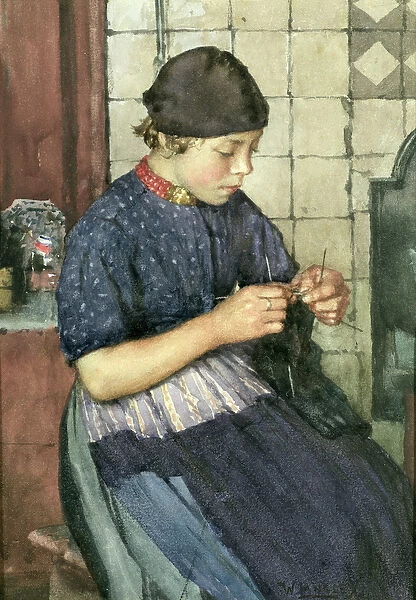 Girl Knitting (oil on canvas)