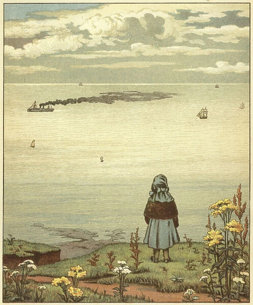 Girl looking out to sea (colour litho)