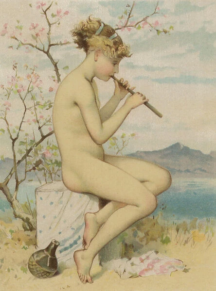 Girl playing the recorder (colour print on silk)