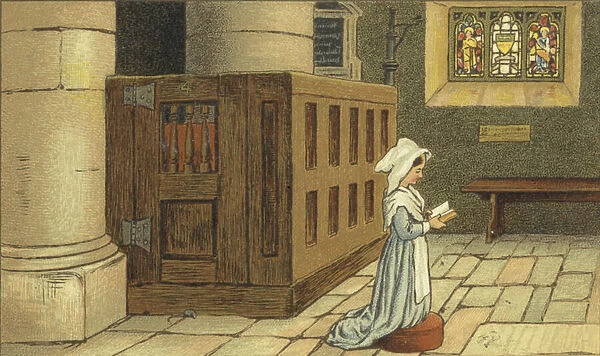 Girl praying in church (colour litho)