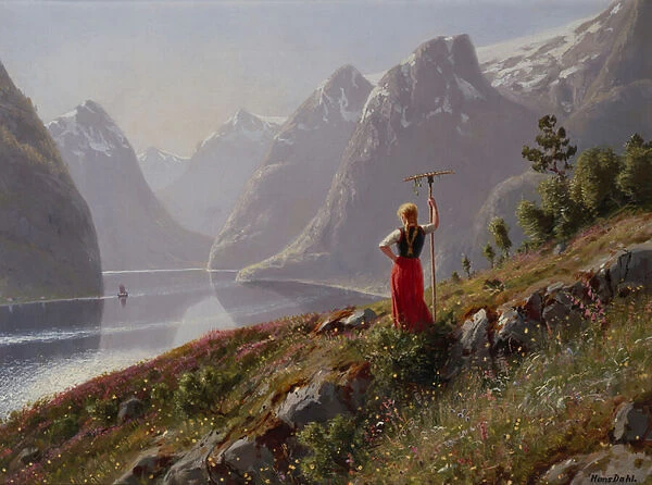 Girl with a rake in fjord landscape