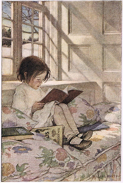 A girl reading, from A Childs Garden of Verses by Robert Louis Stevenson, published 1885 (colour litho)