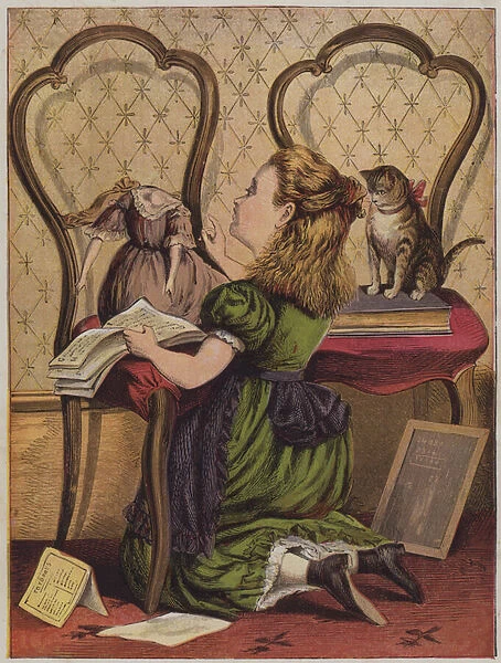 Girl reading to her doll (colour litho)