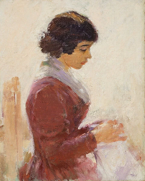 Girl in Red, Sewing, (oil on canvas)