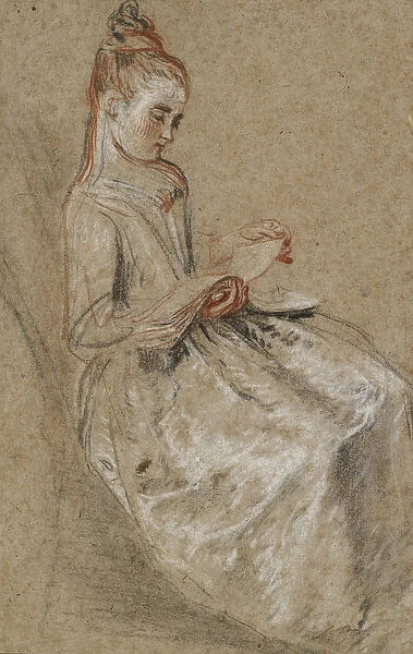 Girl seated with a Book of Music on her Lap (black, red