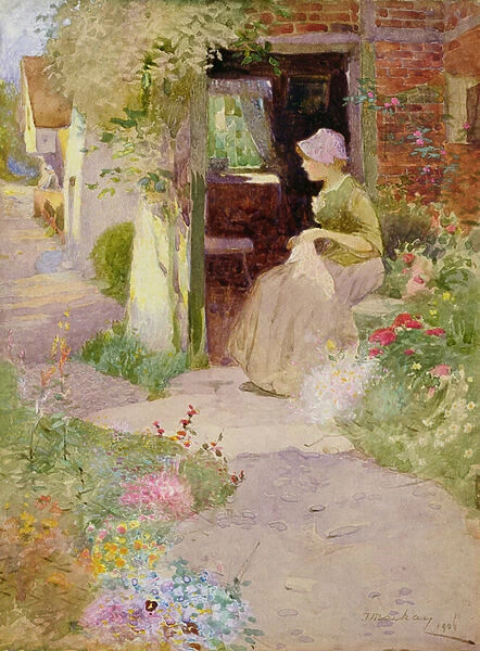 A Girl Sewing at the Door of a Cottage, 1906 (w  /  c on paper)