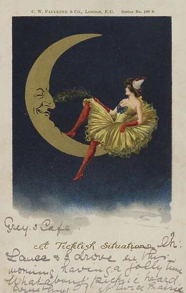 Girl sitting on end of crescent of moon (chromolitho)