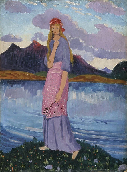 Girl standing by a lake (oil on panel)