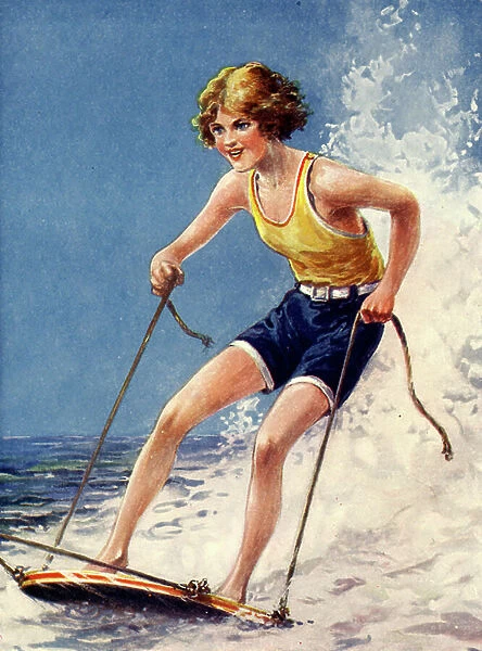 Girl surf-riding (colour litho)