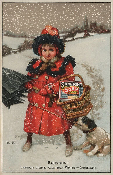 Girl walking home in the snow: advertisement for Sunlight soap (chromolitho)