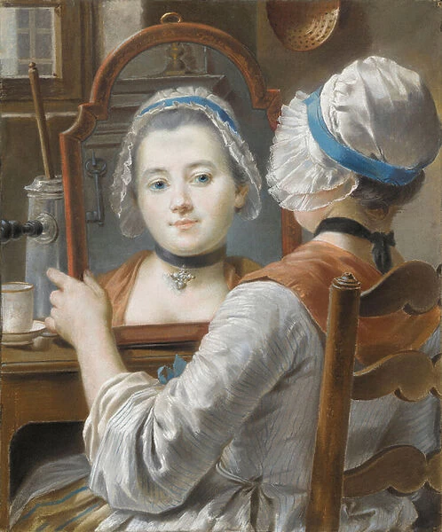 A girl wearing a bonnet, looking at herself in a mirror with a chocolatiere