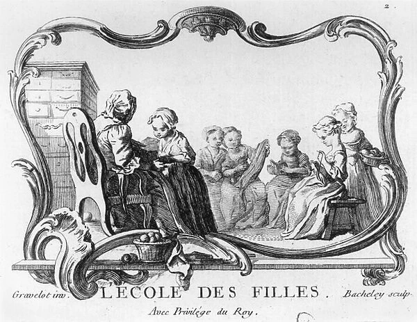 Girls school, the sewing class, engraved by Jacques Bacheley (1712-81) (engraving