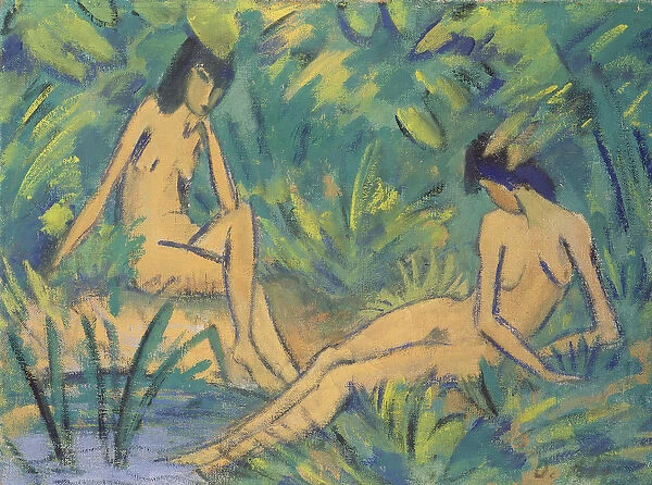 Girls sitting by the water, c. 1920 (tempera on hessian)